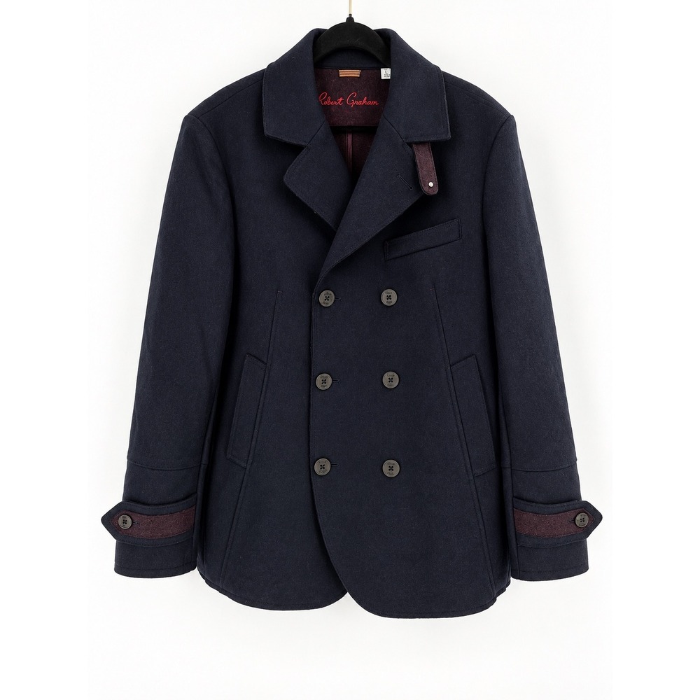 Robert Graham Cascade Pea Coat Mens L Navy Wool Blend Quiet Luxury Preppy NWOT